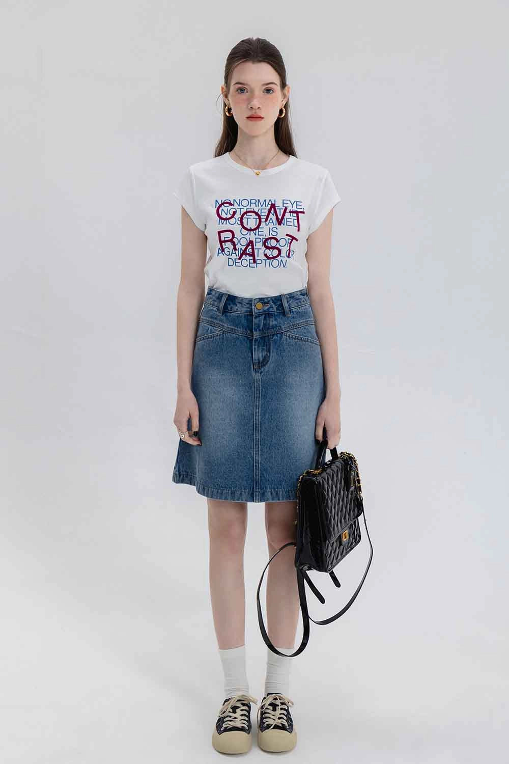 Skirt A-Line Denim Pinggang Tinggi Klasik Wanita