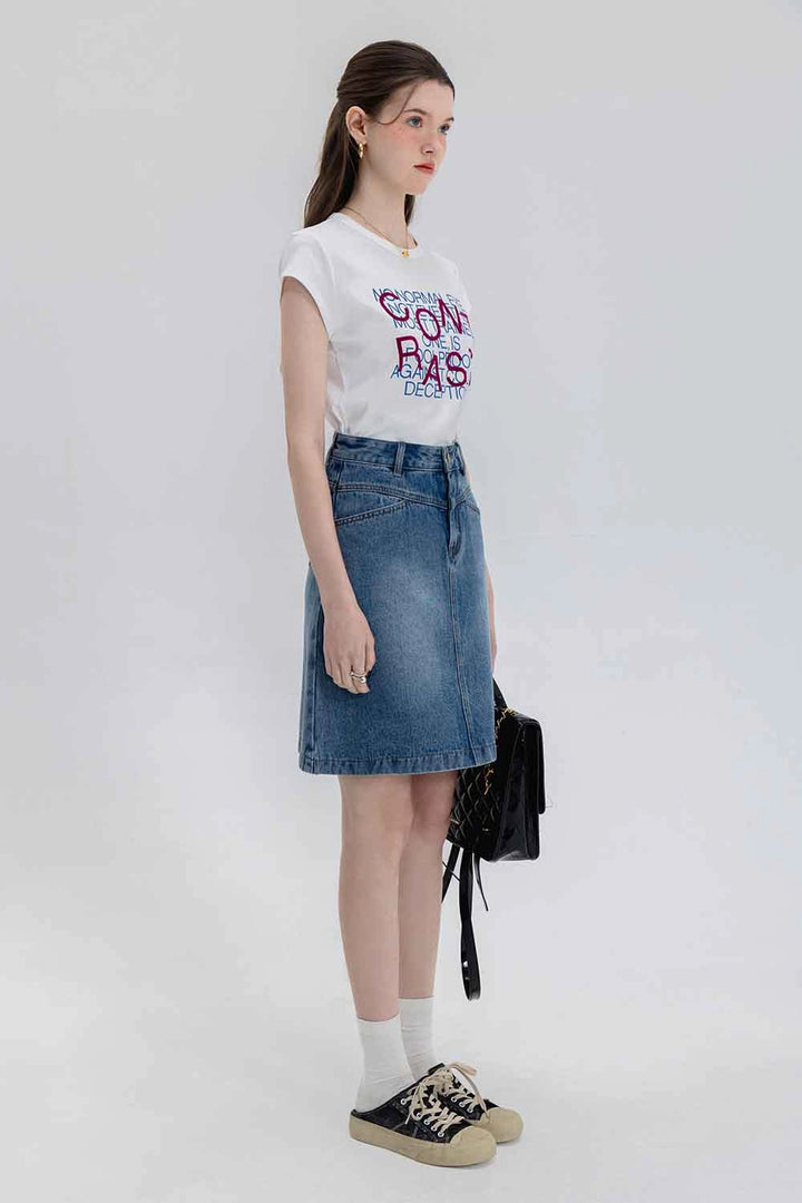 Skirt A-Line Denim Pinggang Tinggi Klasik Wanita