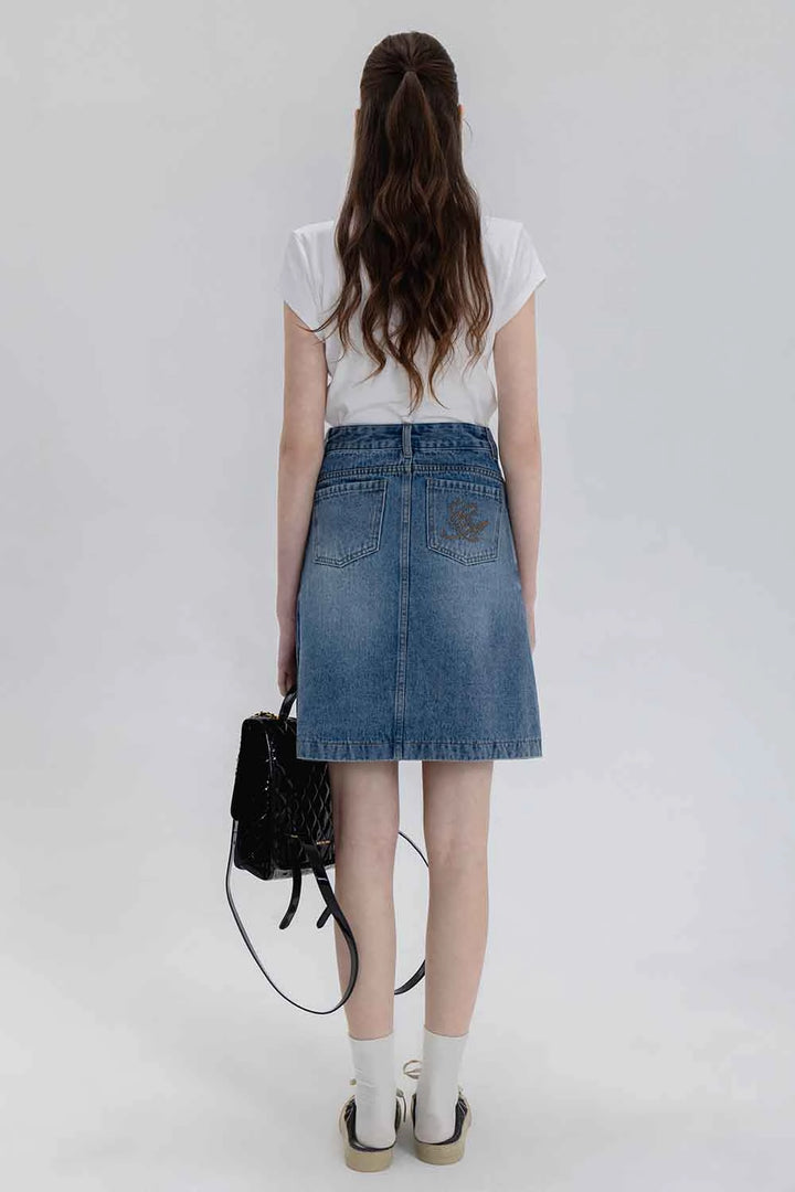 Skirt A-Line Denim Pinggang Tinggi Klasik Wanita