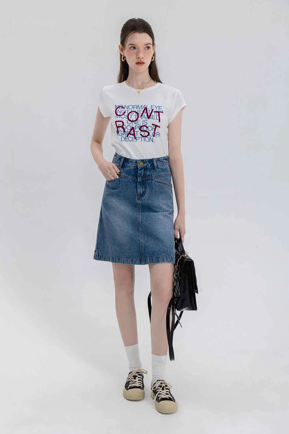 Skirt A-Line Denim Pinggang Tinggi Klasik Wanita