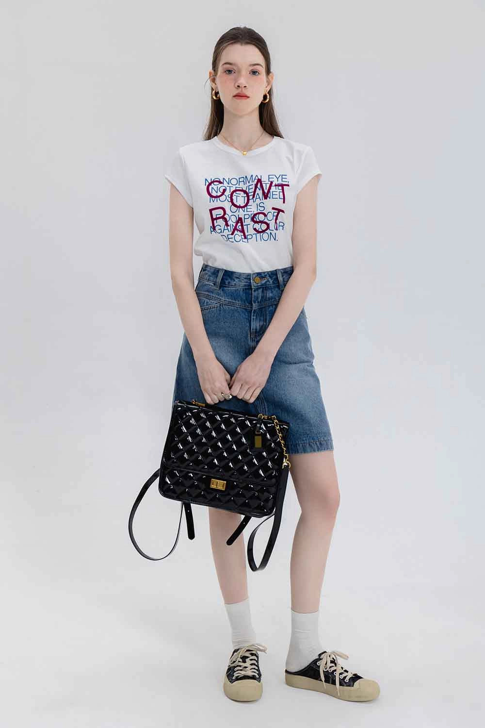 Skirt A-Line Denim Pinggang Tinggi Klasik Wanita