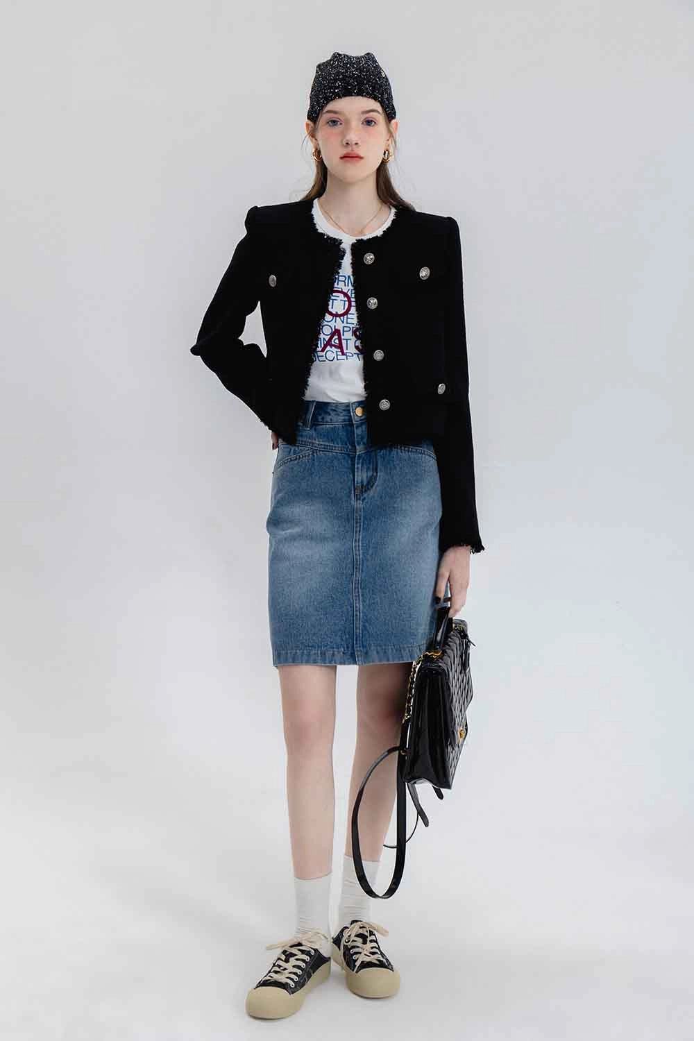 Skirt A-Line Denim Pinggang Tinggi Klasik Wanita