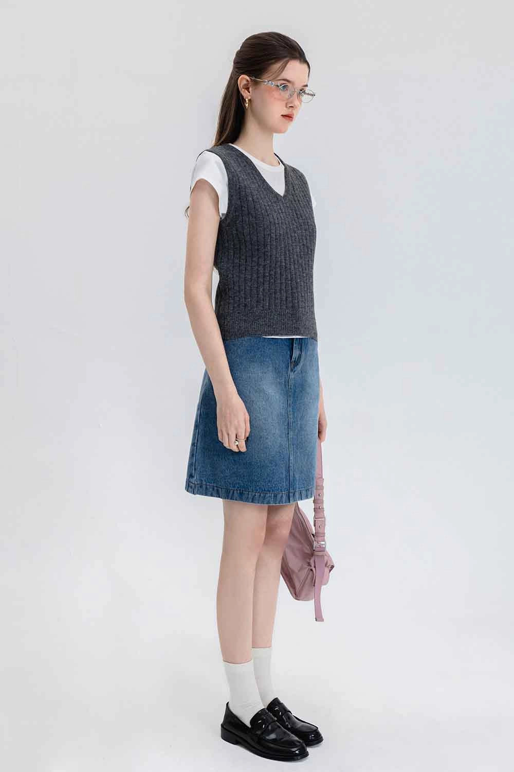 Skirt A-Line Denim Pinggang Tinggi Klasik Wanita