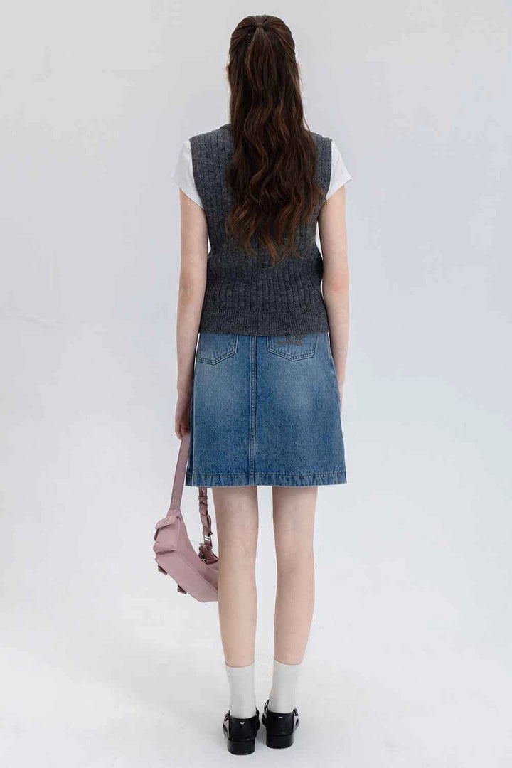 Skirt A-Line Denim Pinggang Tinggi Klasik Wanita