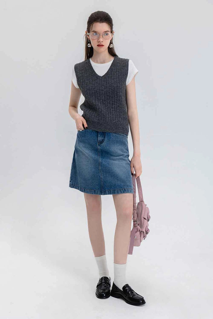 Skirt A-Line Denim Pinggang Tinggi Klasik Wanita