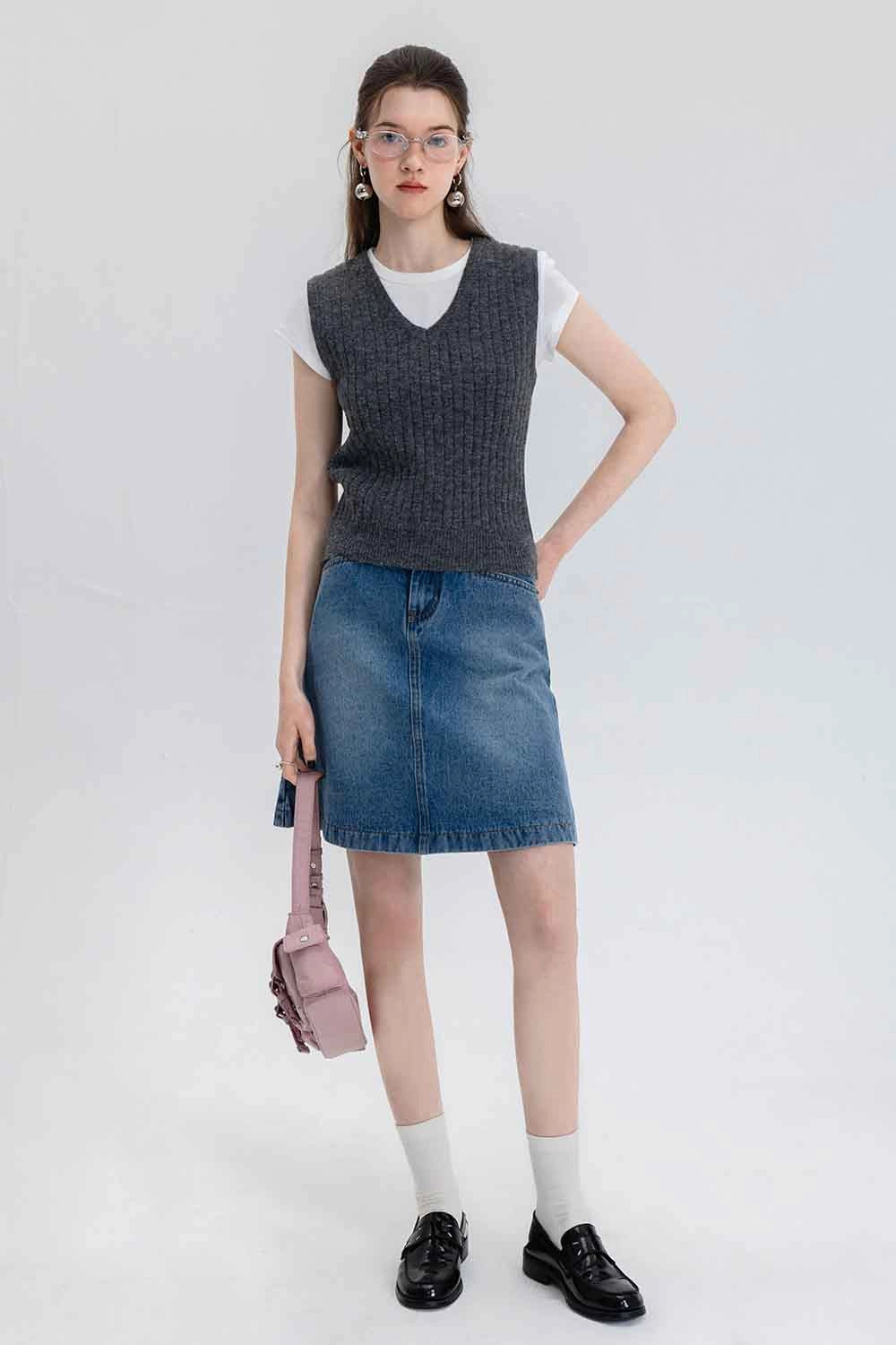 Skirt A-Line Denim Pinggang Tinggi Klasik Wanita