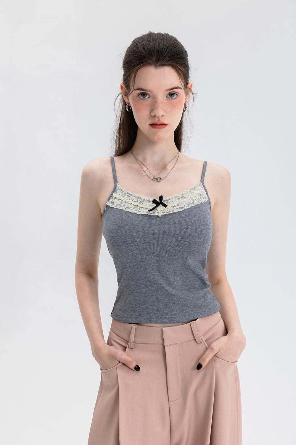 Women's Lace Trim Camisole Top with Delicate Bow Detail