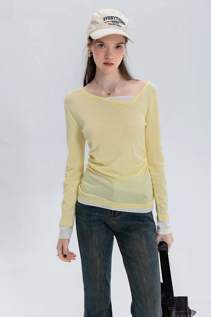 Women's Asymmetrical Neckline Ruched Knit Top