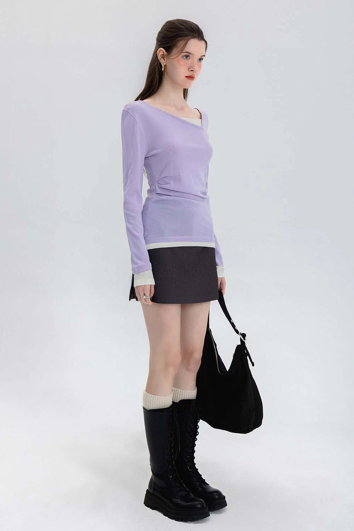 Women's Asymmetrical Neckline Ruched Knit Top