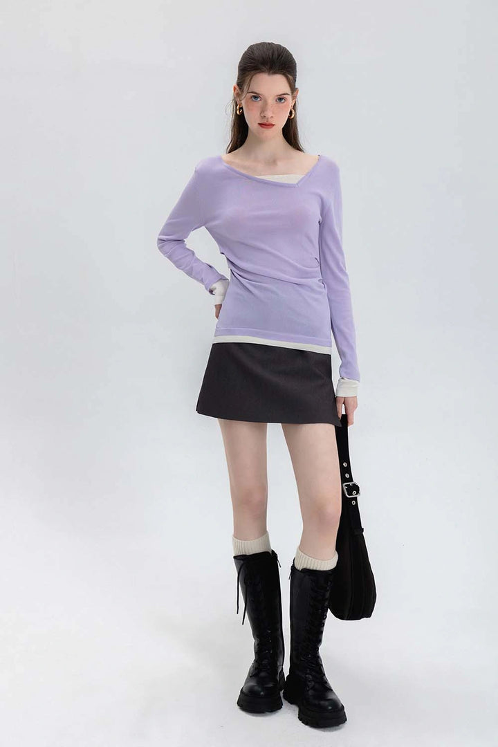 Women's Asymmetrical Neckline Ruched Knit Top