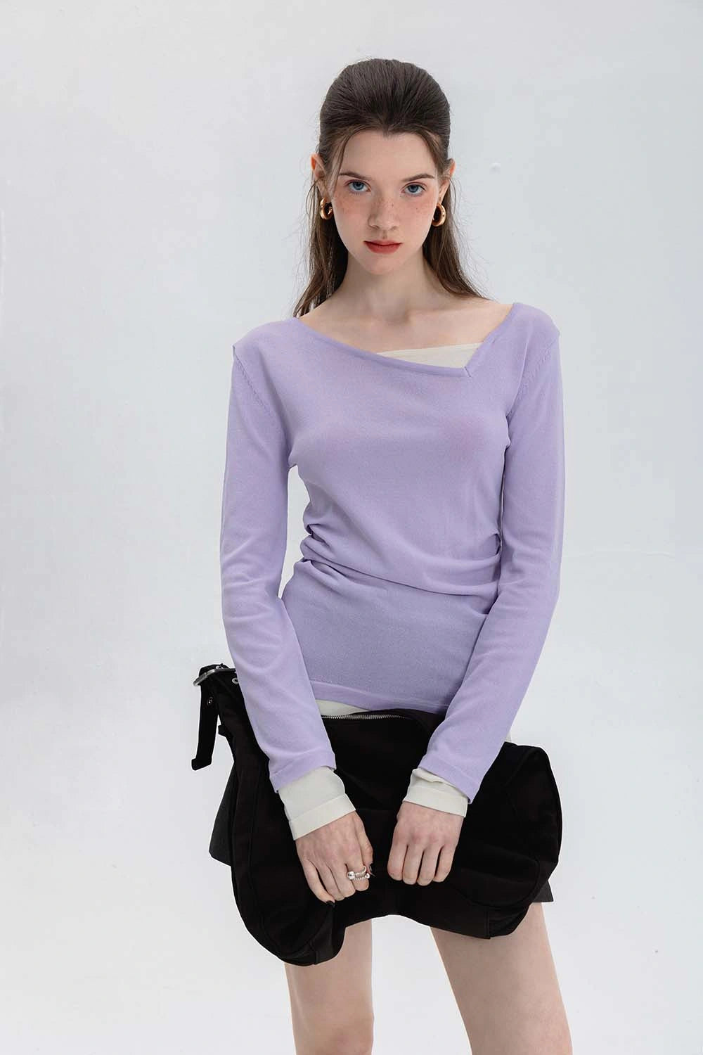 Women's Asymmetrical Neckline Ruched Knit Top