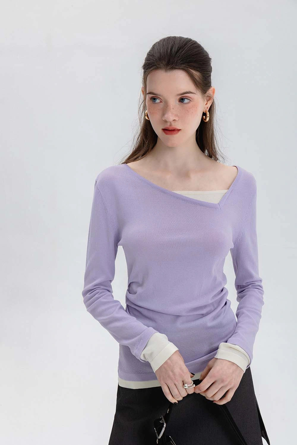 Women's Asymmetrical Neckline Ruched Knit Top