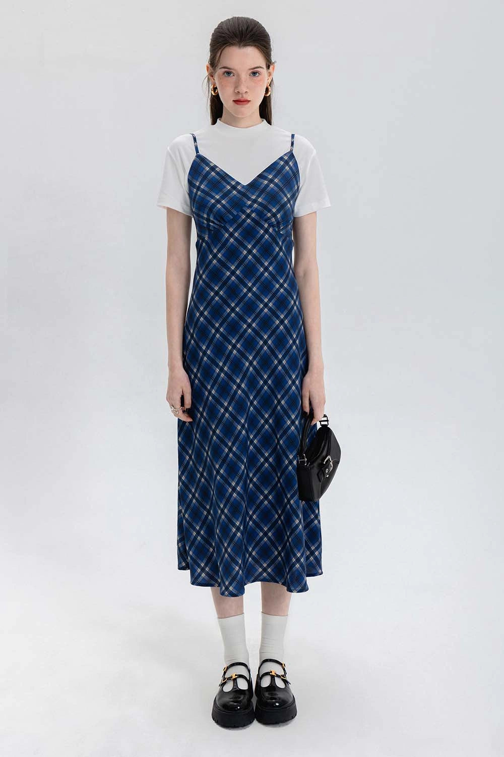 Sleeveless Plaid Midi Slip Dress with Adjustable Straps