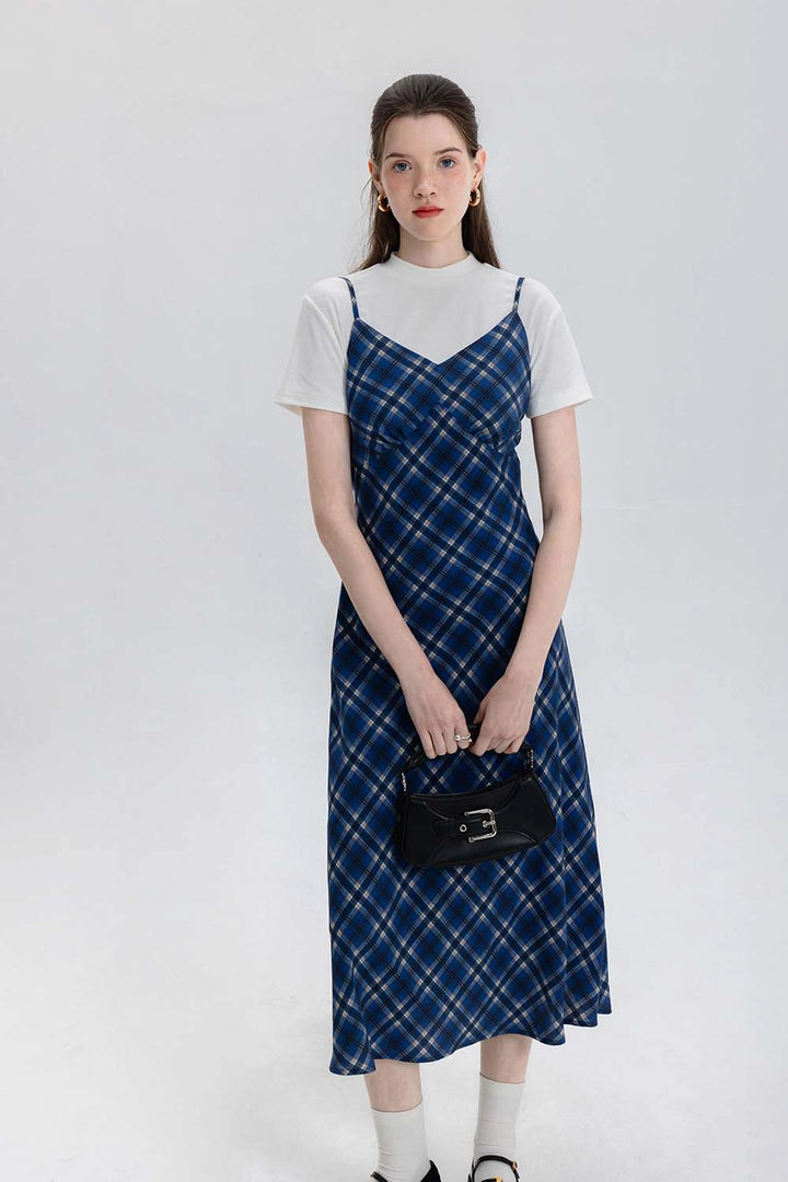 Sleeveless Plaid Midi Slip Dress with Adjustable Straps