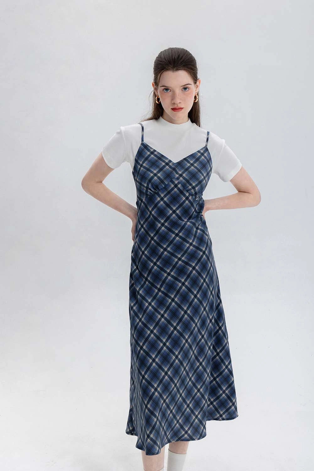 Sleeveless Plaid Midi Slip Dress with Adjustable Straps