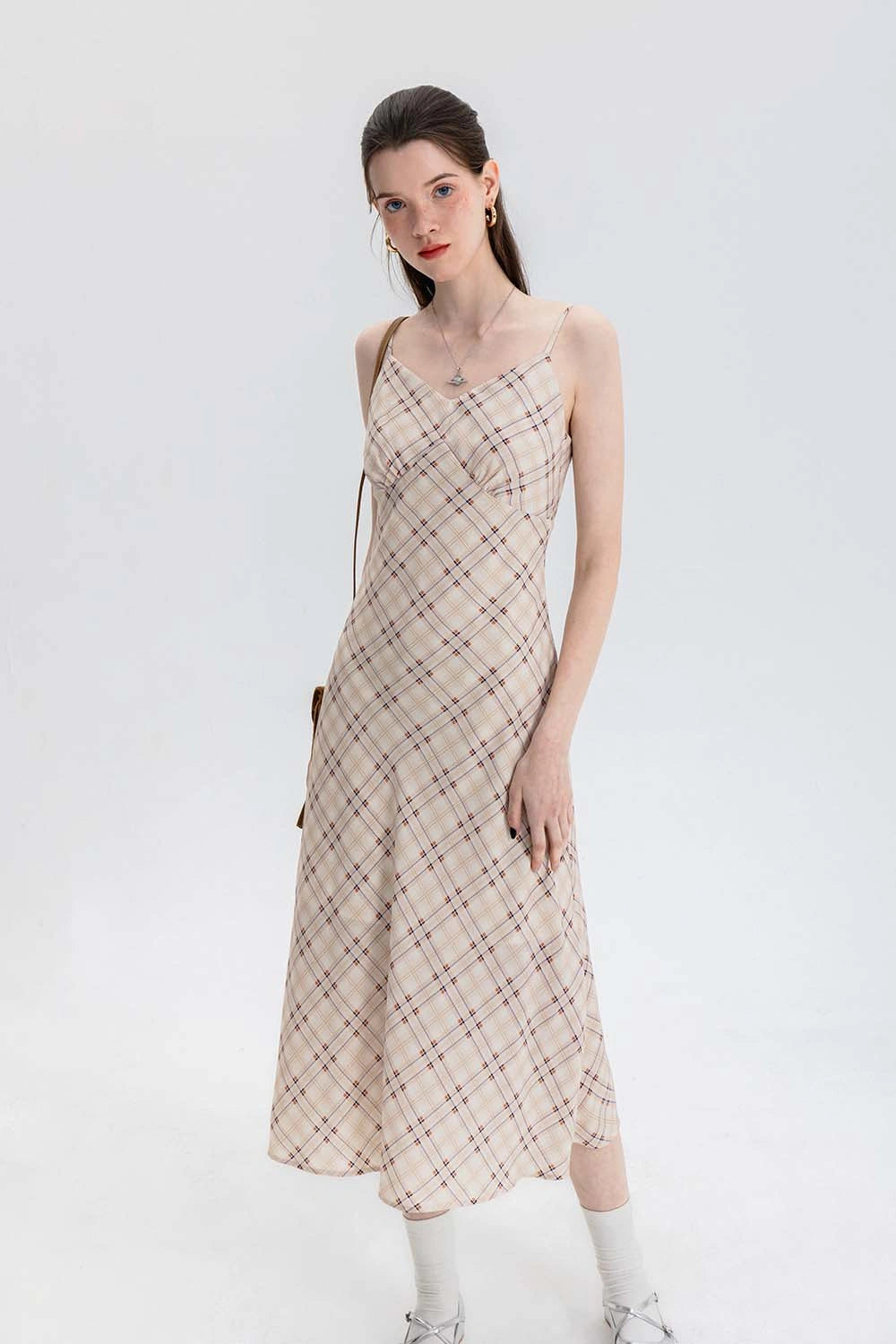 Sleeveless Plaid Midi Slip Dress with Adjustable Straps