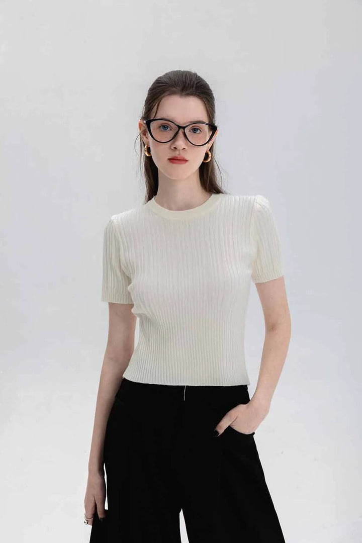 Classic Ribbed Crewneck Short-Sleeve Knit Top