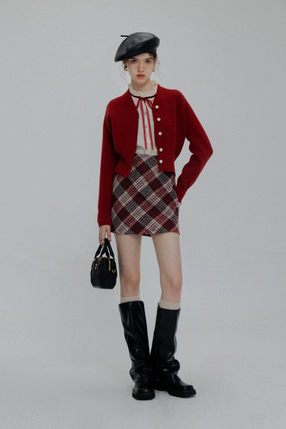 Mini-jupe chic à carreaux avec tissage texturé