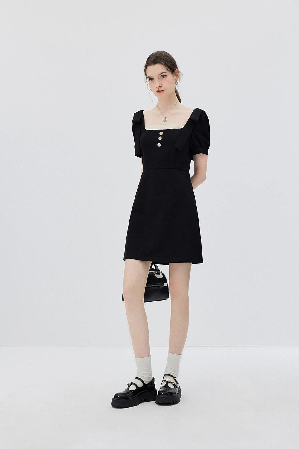 Chic Puff Sleeve Buttoned Square Neck Dress