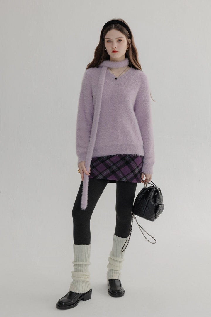 Sweater Rajut Plush Leher V Canggih Wanita