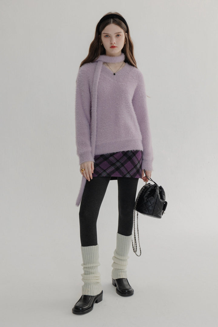 Sweater Rajut Plush Leher V Canggih Wanita