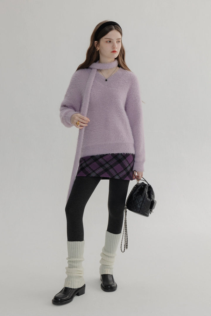 Sweater Rajut Plush Leher V Canggih Wanita