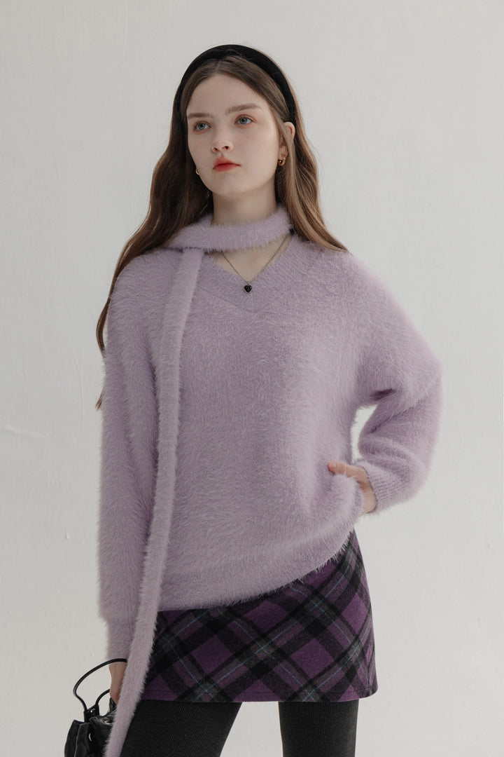 Sweater Rajut Plush Leher V Canggih Wanita