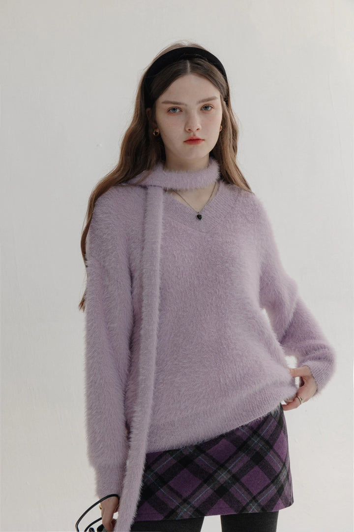 Pull sophistiqué en tricot pelucheux à col en V pour femme