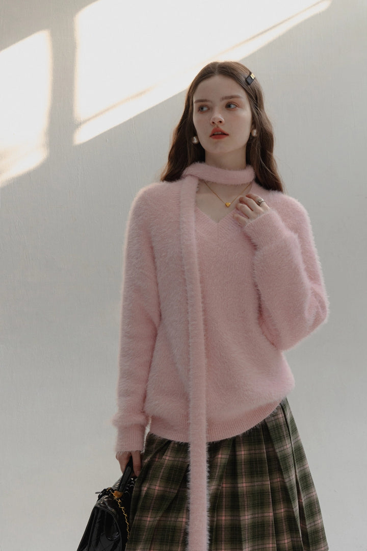 Sweater Rajut Plush Leher V Canggih Wanita