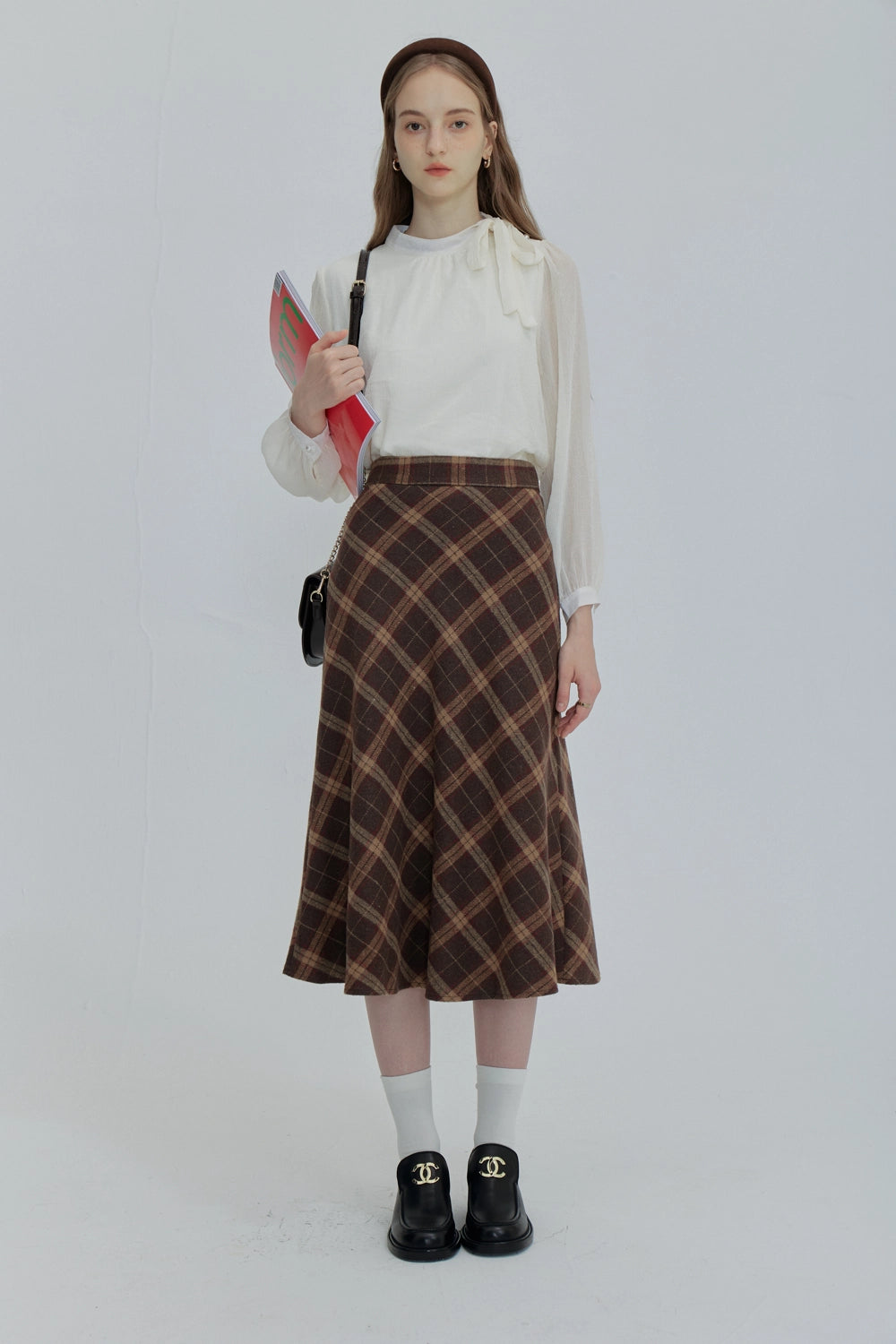 Plaid A-Line Midi Skirt with Flowy Hem