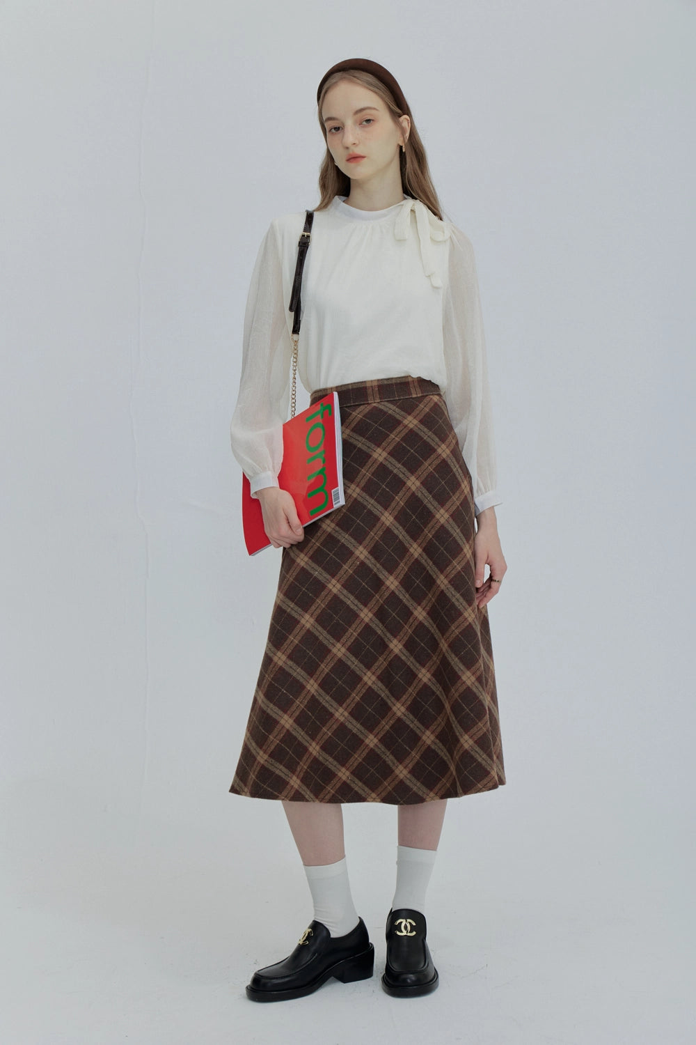 Plaid A-Line Midi Skirt with Flowy Hem