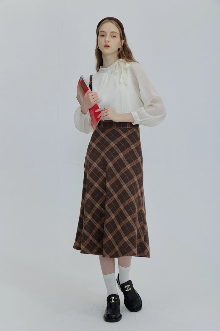 Plaid A-Line Midi Skirt with Flowy Hem