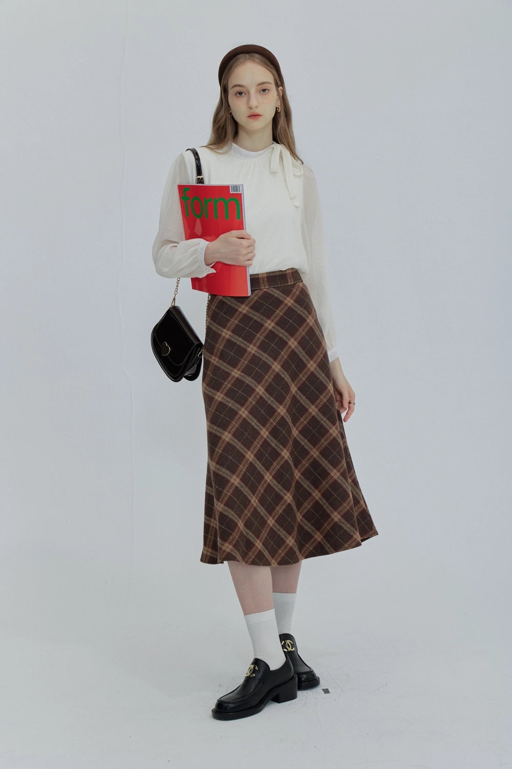 Skirt Midi A-Line Plaid dengan Labuh Flowy