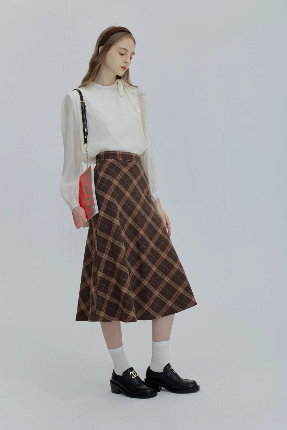 Skirt Midi A-Line Plaid dengan Labuh Flowy