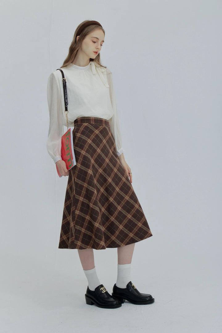 Plaid A-Line Midi Skirt with Flowy Hem