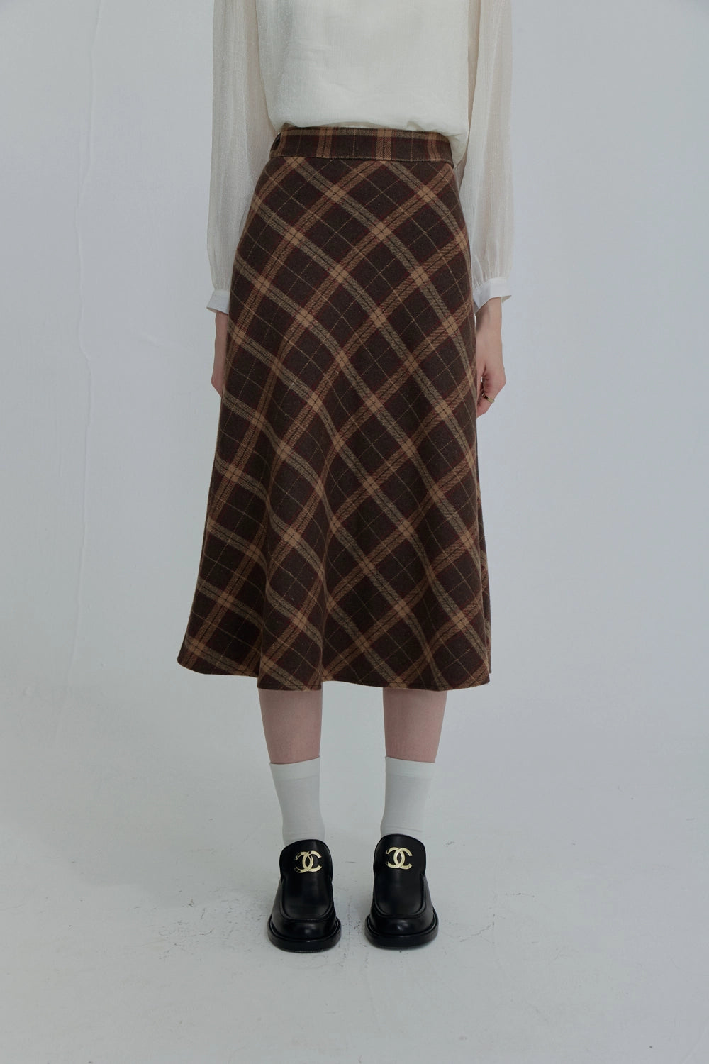 Plaid A-Line Midi Skirt with Flowy Hem