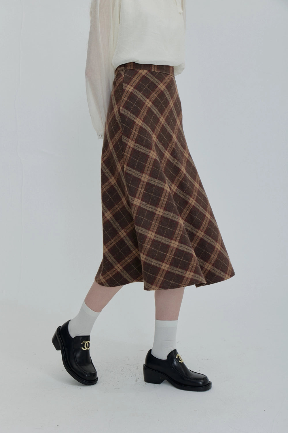 Plaid A-Line Midi Skirt with Flowy Hem