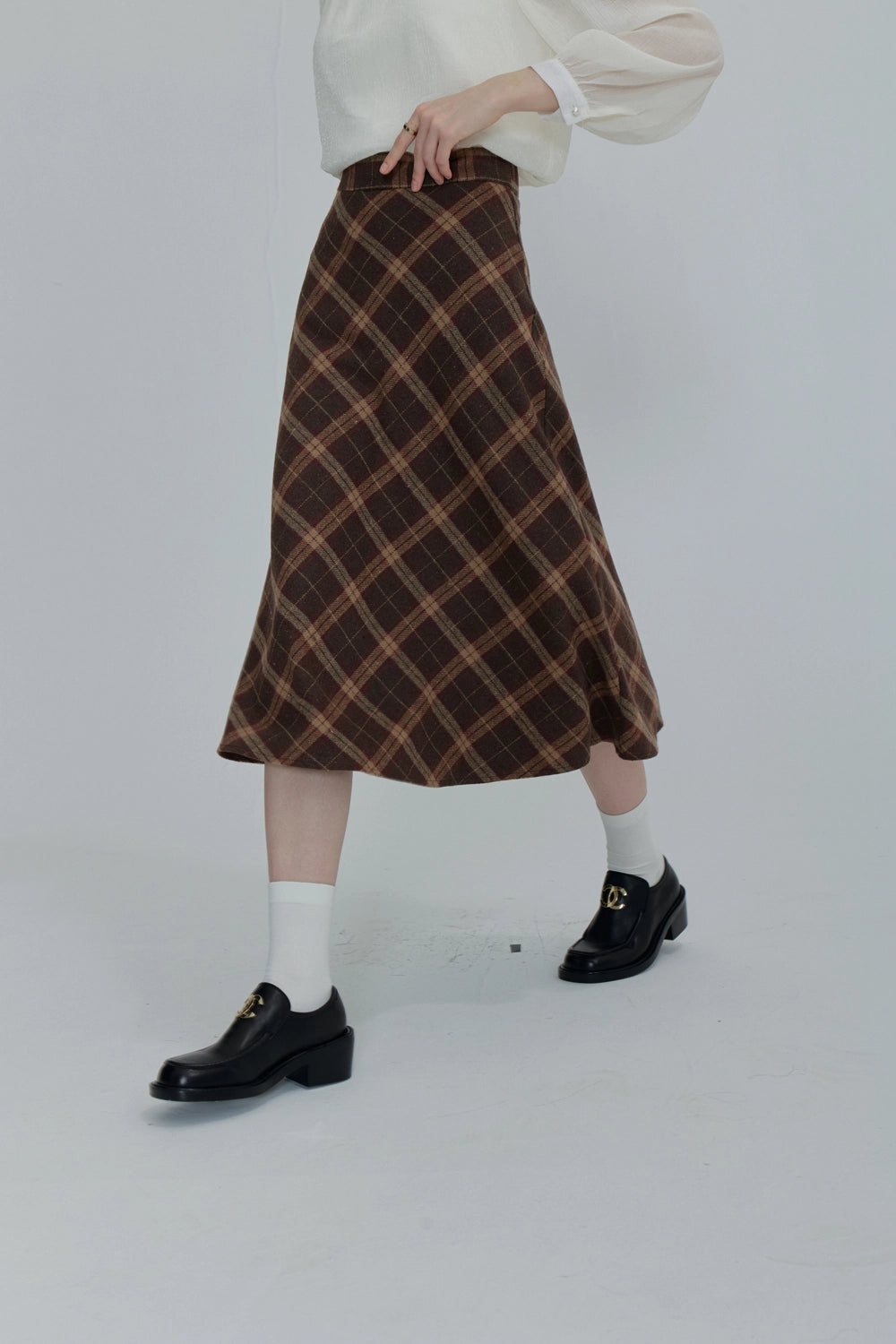 Plaid A-Line Midi Skirt with Flowy Hem