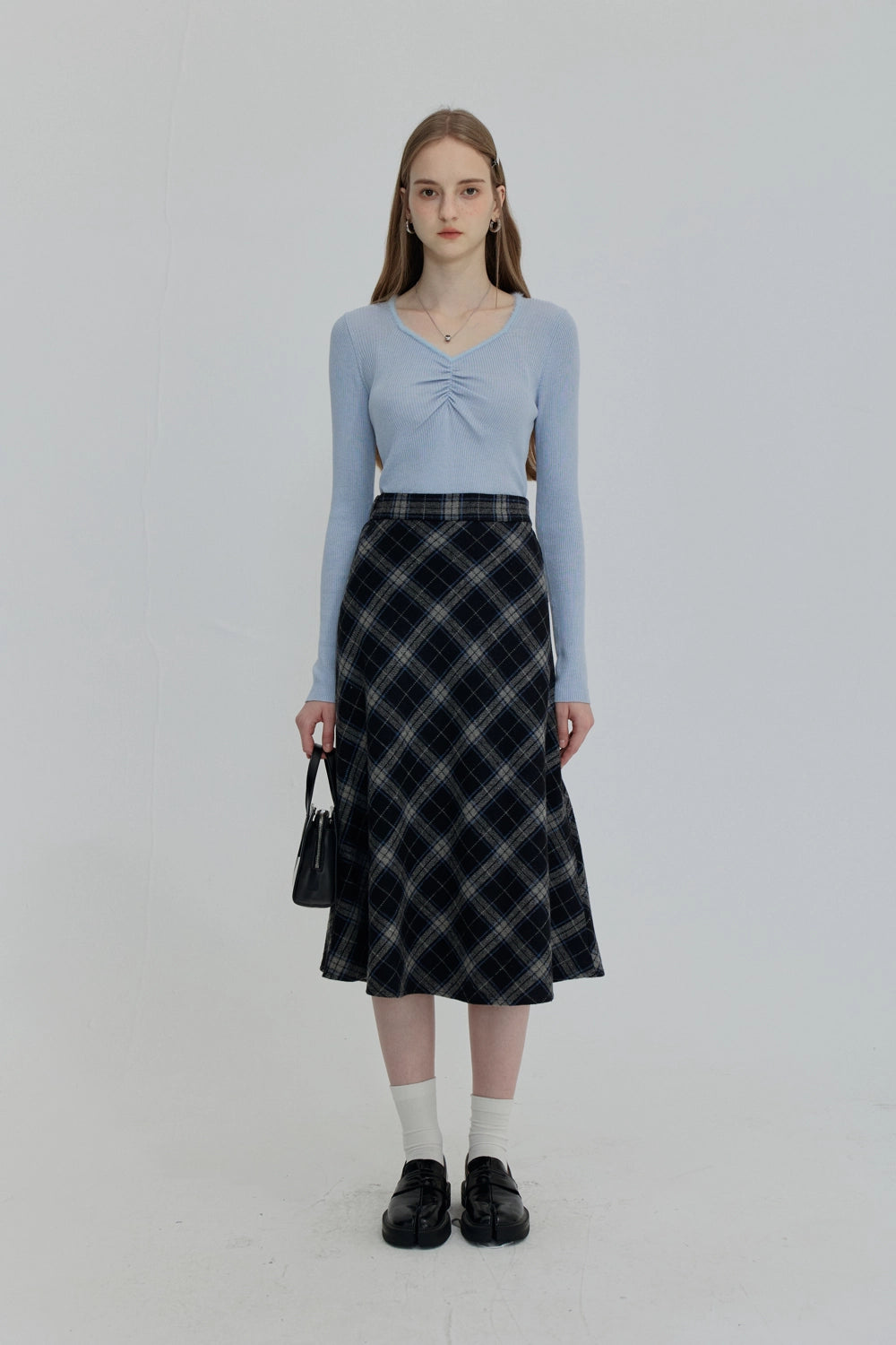 Skirt Midi A-Line Plaid dengan Labuh Flowy