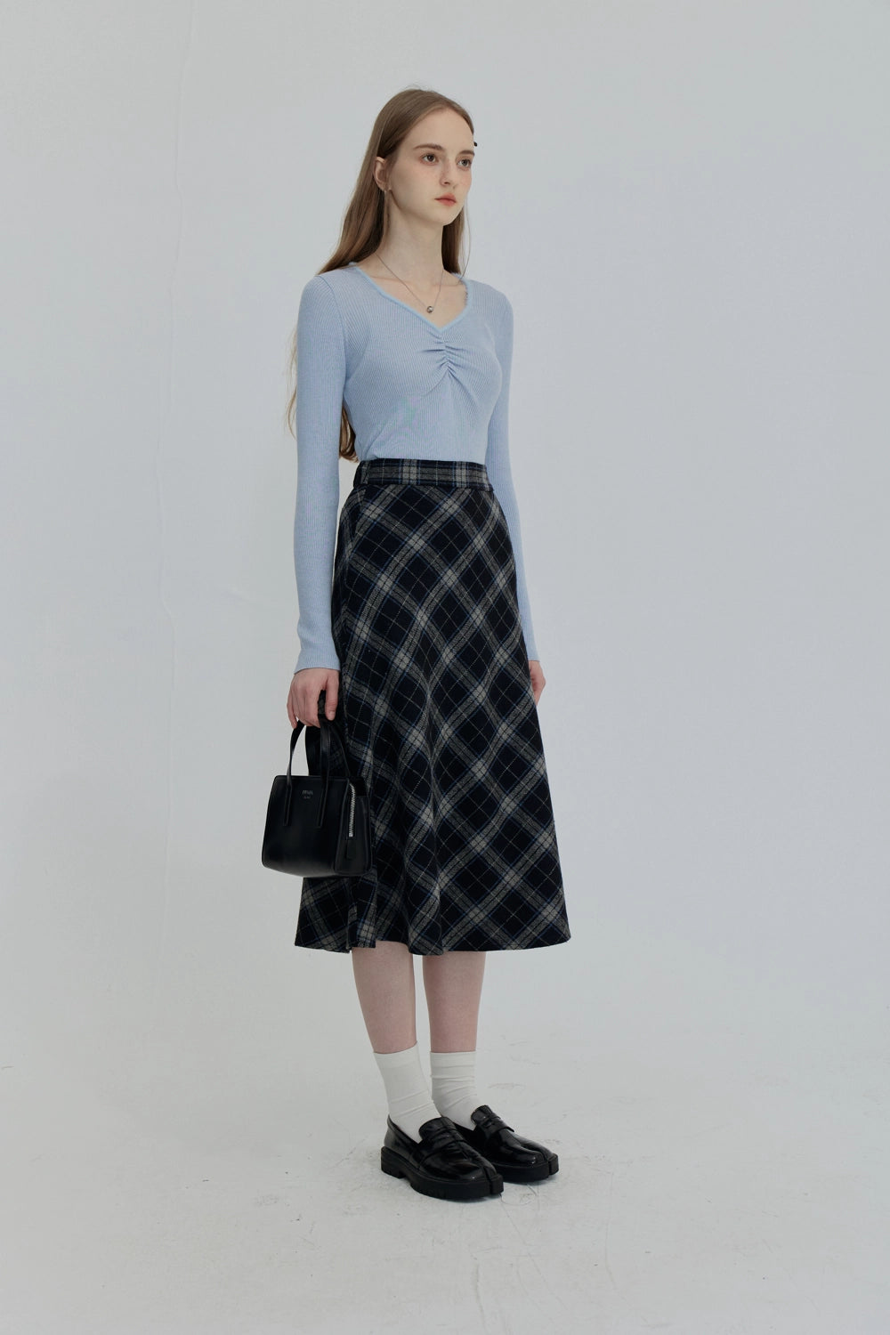 Plaid A-Line Midi Skirt with Flowy Hem