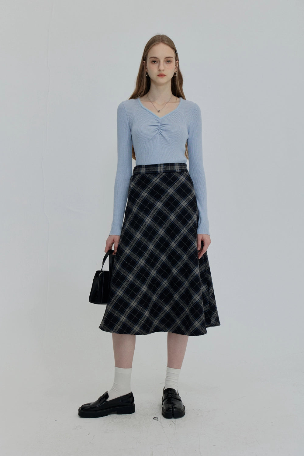 Plaid A-Line Midi Skirt with Flowy Hem