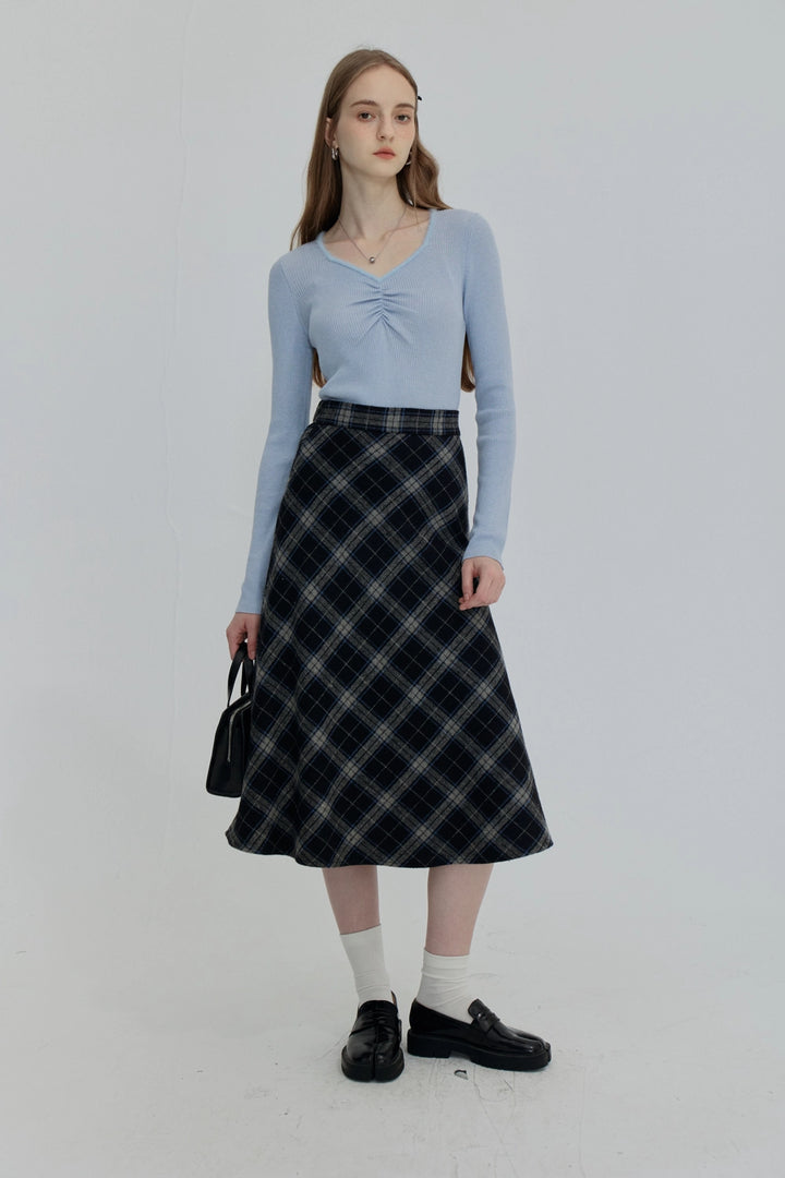 Plaid A-Line Midi Skirt with Flowy Hem