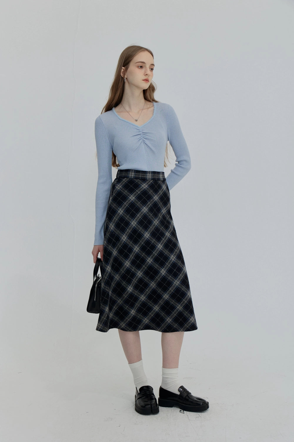 Plaid A-Line Midi Skirt with Flowy Hem