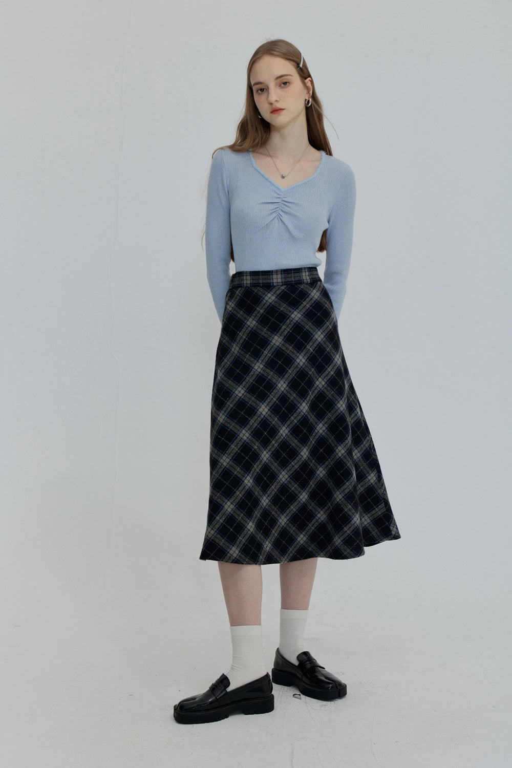 Plaid A-Line Midi Skirt with Flowy Hem