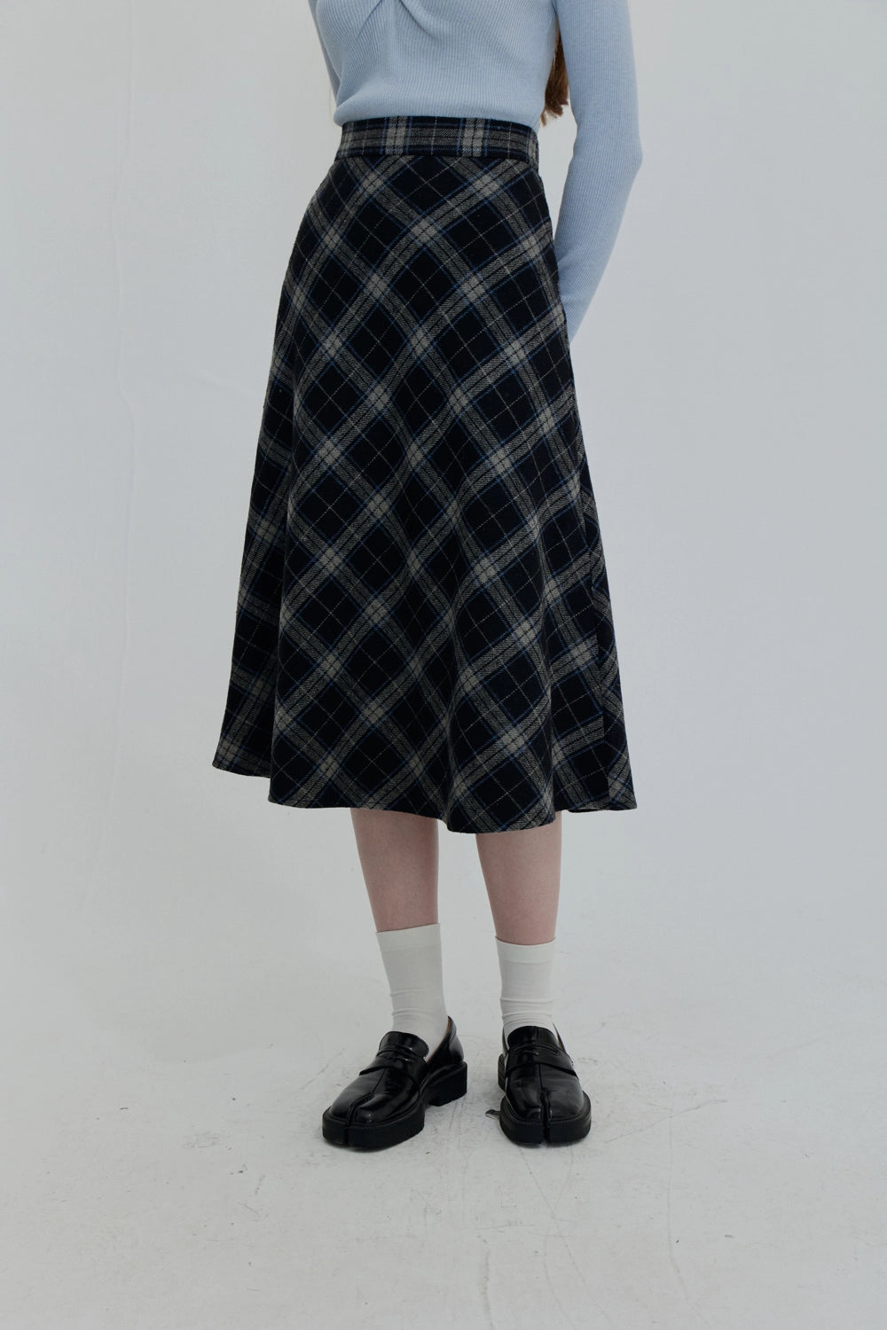 Plaid A-Line Midi Skirt with Flowy Hem