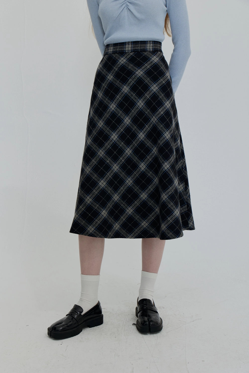 Plaid A-Line Midi Skirt with Flowy Hem