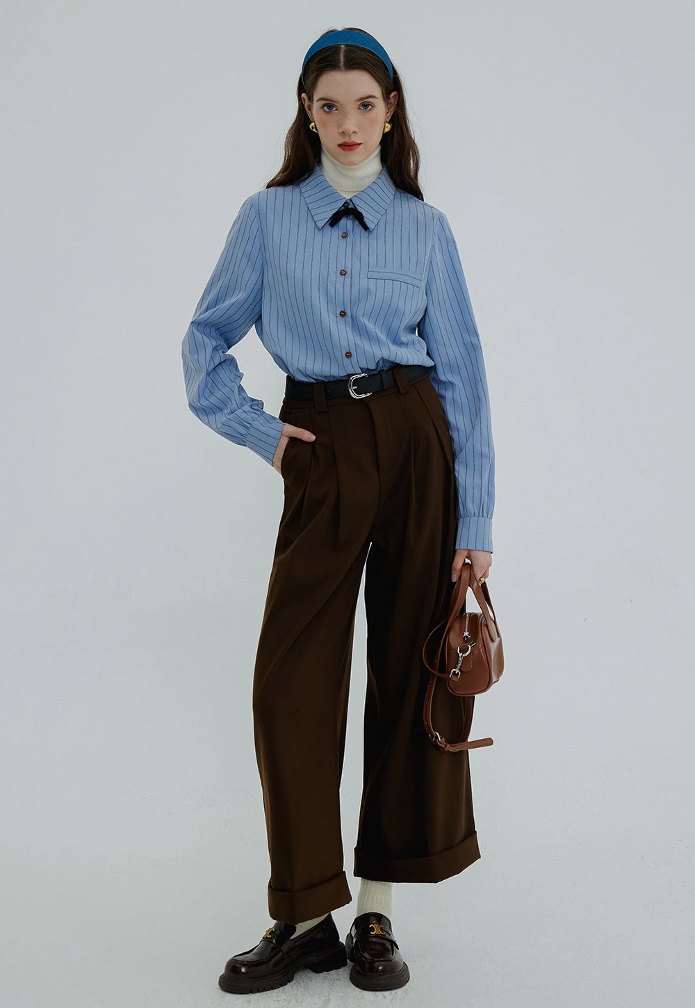 Women's Wide-Leg Trousers with Belt and Pleated Detail