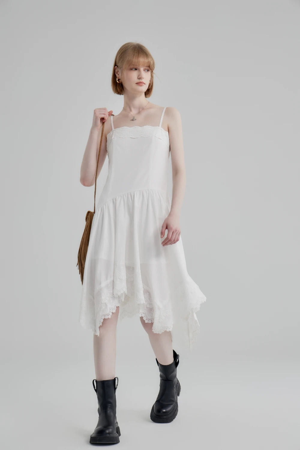 Romantic Lace-Trimmed White Spaghetti Strap Dress