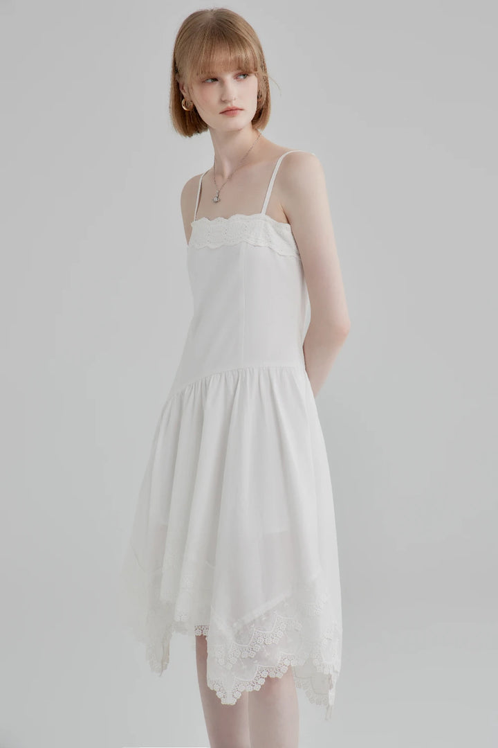 Romantic Lace-Trimmed White Spaghetti Strap Dress
