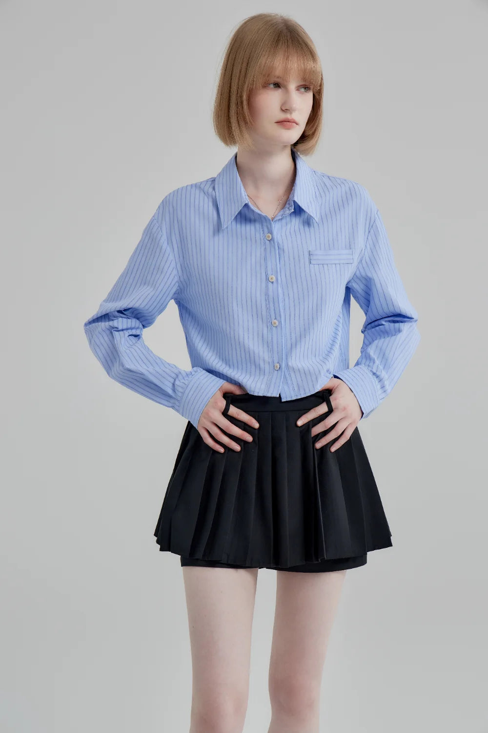 Striped Button-Up Cropped Shirt with Chest Pocket
